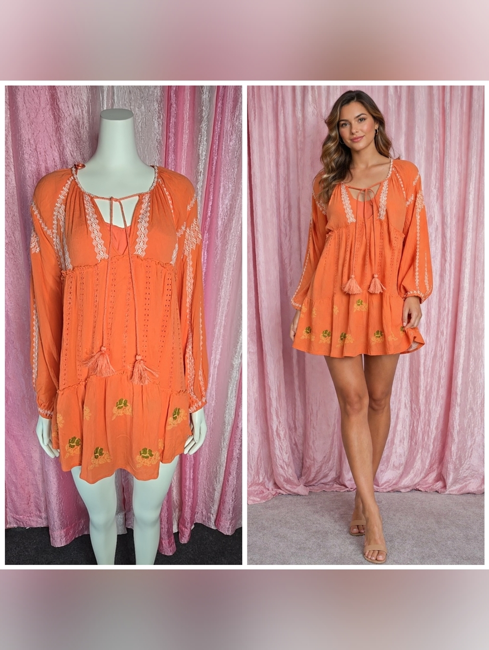 Free People Coral Embroidered Boho Festival Under Slip Tunic Dress Size Small